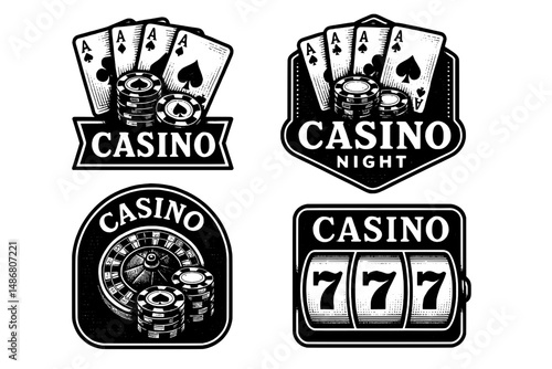 Vintage casino collection featuring engraved logos and emblems for a casino night theme