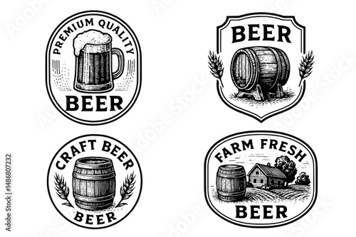 Classic engravings showcase vintage beer emblems featuring premium quality, craft beer, and farm fresh designs in a nostalgic collection