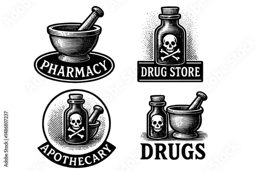 Vintage emblem collection featuring engraved logos for pharmacy, drug store, and apothecary in classic illustrations