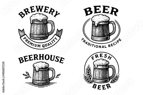 Vintage brewery logo collection showcasing engraved illustrations of beer mugs, perfect for adding a rustic touch to your designs