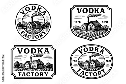 Vintage engraved logo collection featuring a vodka factory emblem with rustic charm and historical significance