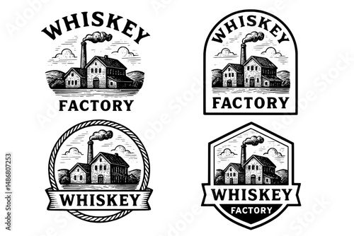 Vintage whiskey factory logo collection featuring engraved illustrations of a distillery