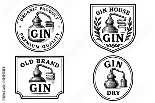 Vintage collection of engraved logos featuring gin, showcasing craftsmanship and artisanal quality across various designs