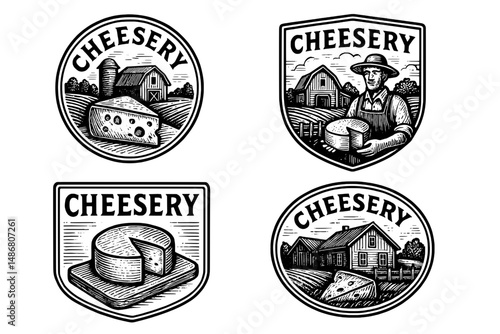 Vintage logo collection showcasing engraved emblems of cheesemaking and rural imagery in black and white