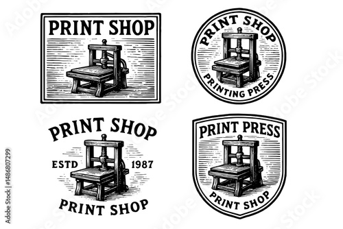 Vintage engraving collection featuring print shop and printing press emblems with rich historical design elements