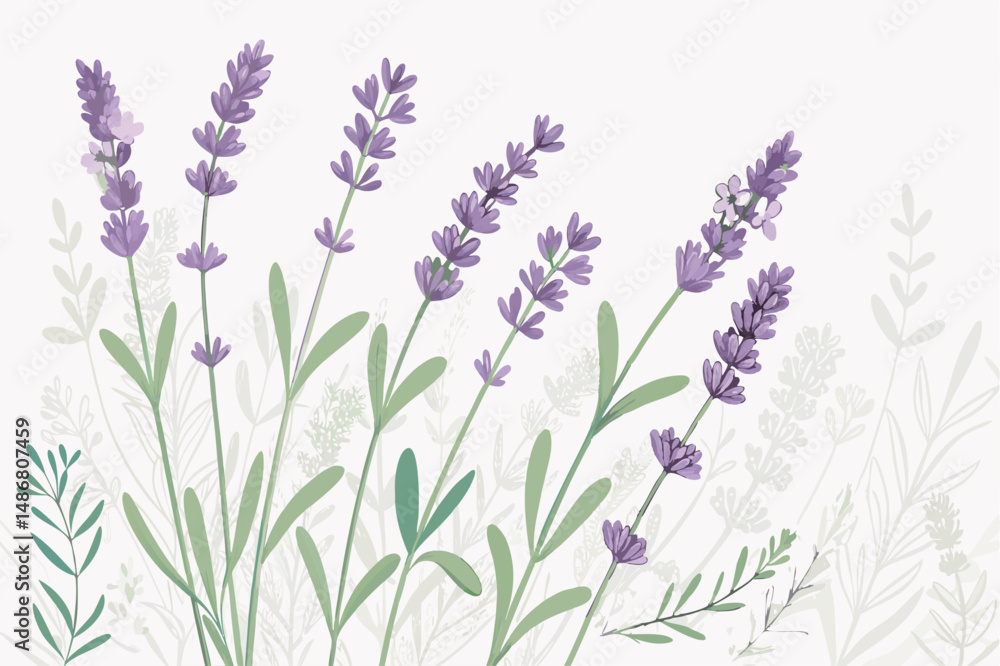 Fototapeta premium Delicate lavender flowers with soft green leaves against a light background.