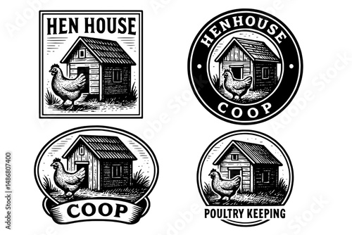 Vintage engravings showcasing hen house emblems for poultry keeping enthusiasts in a rustic design collection