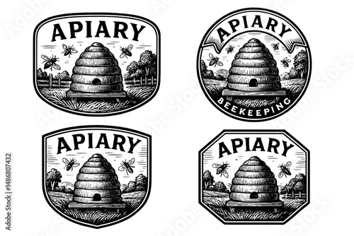 Vintage engraved logo collection featuring apiary honeybee hives, showcasing artisanal design elements and classic craftsmanship