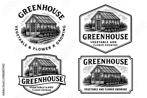 Vintage greenhouse logo collection featuring engraved illustrations for vegetable and flower growing