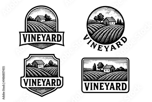 Elegant vintage vineyard logos showcasing engraved designs of serene landscapes and rustic farmhouses in a classic collection