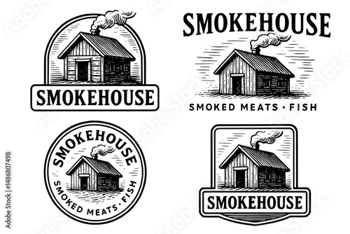Vintage emblem collection featuring rustic smokehouse designs for smoked meats and fish enthusiasts