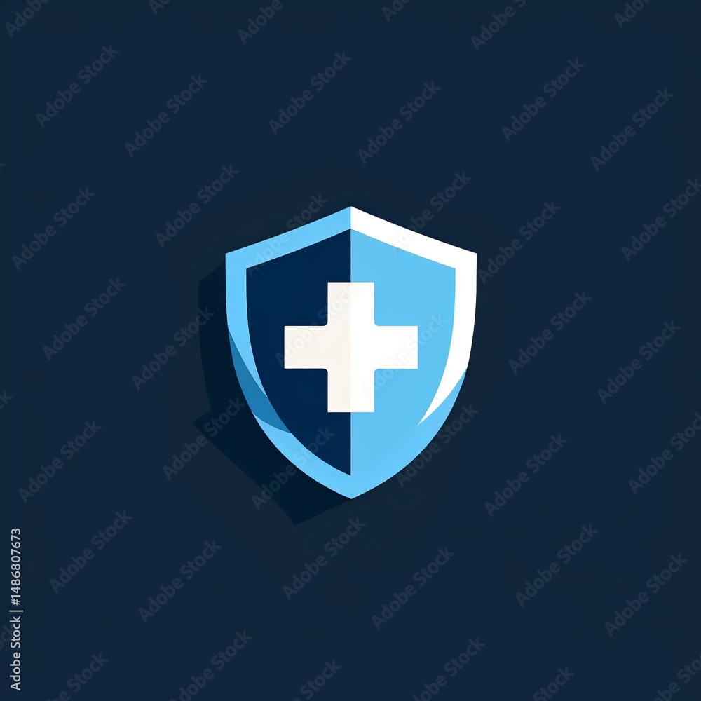 Obraz premium A simple, modern shield icon with a white cross on a dark blue background, conveying protection and security.