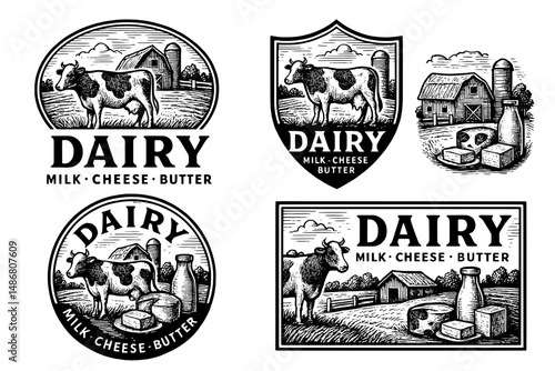 Vintage dairy emblem collection showcasing engraved illustrations of cows, barn, cheese, and butter design