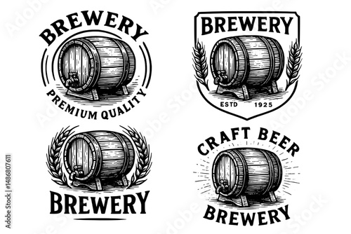 Engraved vintage brewery logos featuring premium quality craft beer designs with artisanal barrel illustrations and a classic touch