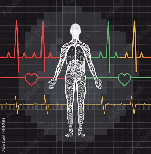 Illustration of a human figure with heart rate lines and anatomical details.