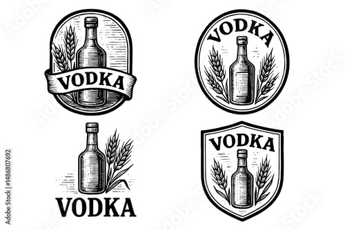 Vintage vodka logo collection featuring engraved illustrations in a classic style