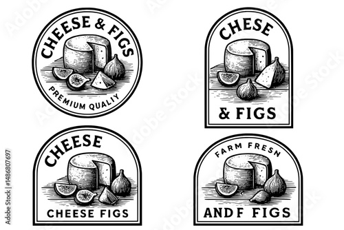 Vintage engraved emblems showcasing cheese and figs in a rustic design for a premium quality collection