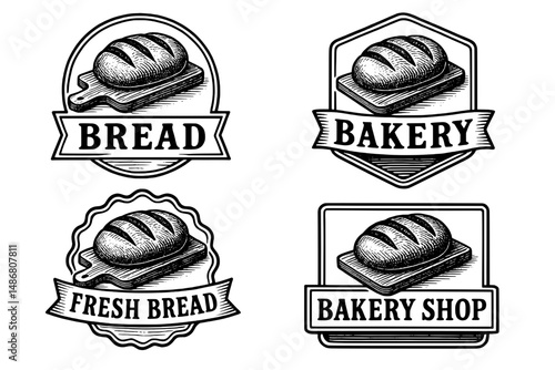Explore a collection of vintage bakery emblems showcasing bread illustrations designed for artisan shops and local cafes