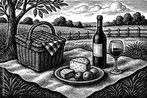 Vintage engraved illustration showcasing a picnic setup with wine, cheese, and scenic countryside