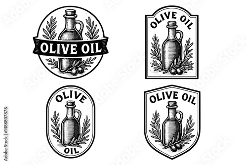 Vintage engraved collection of olive oil logos showcasing elegant bottle designs and decorative elements
