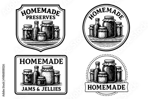Timeless vintage logo designs for homemade preserves and jams showcasing engraved illustrations of jars and bottles