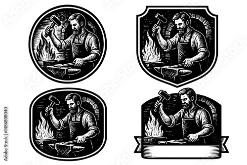 Engraved vintage logo collection showcasing a blacksmith at work with hammer and anvil in a classic artistic style