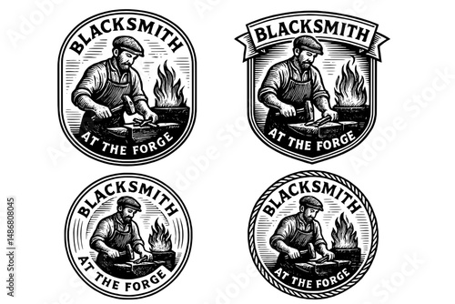 Engraved vintage blacksmith logo design illustrating craftsmanship at the forge with a classic and artistic touch