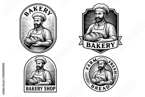 Vintage bakery emblem collection featuring a skilled baker with fresh bread in artistic engraved style