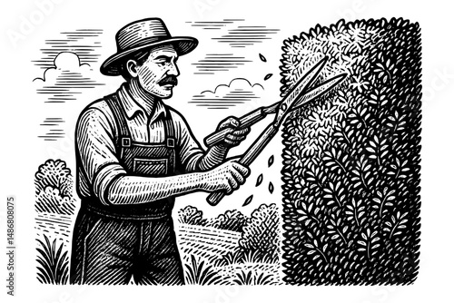 Crafting vintage elegance through meticulous hedge trimming by a skilled gardener in a lush countryside setting