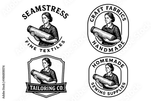 Crafting heritage showcased through vintage seamstress emblem collection featuring detailed engravings and unique designs