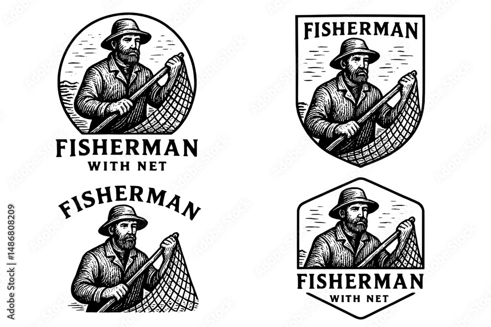Obraz premium Engraved vintage logo collection featuring a fisherman with net in unique designs