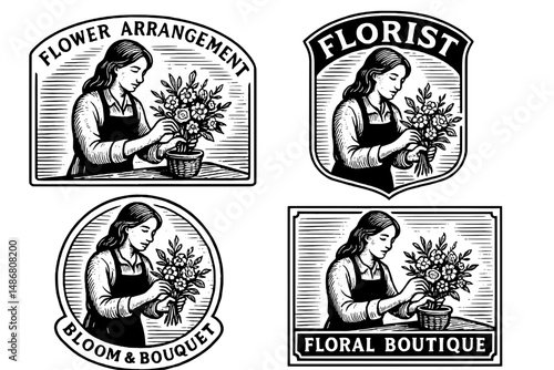 Vintage floral emblems showcasing a skilled florist creating beautiful arrangements in an engraved illustration style