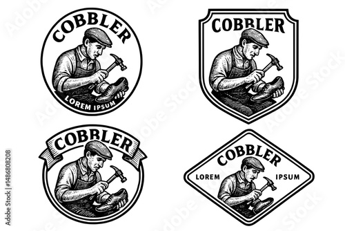 Engraved vintage emblem collection featuring a cobbler at work with traditional tools in a craft setting