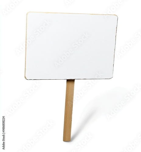 Blank rectangular sign on wooden post.  Empty white placard for message or protest
