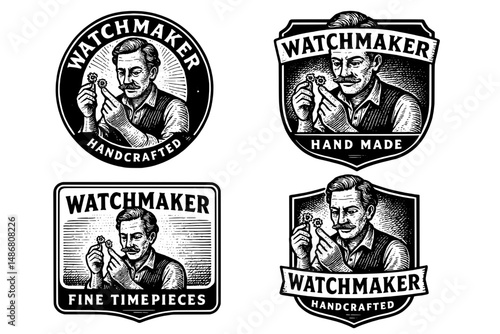 Vintage watchmaker emblem collection featuring handcrafted designs and engraved illustrations