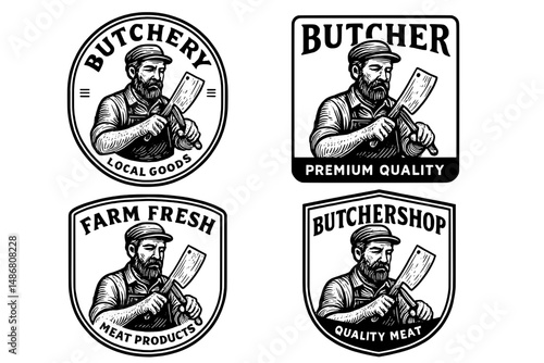 Distinctive engravings of vintage butcher emblems showcasing quality and local goods in an artistic display of craftsmanship