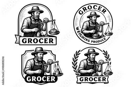 Vintage engraved logo collection showcasing a grocer weighing produce in various artistic styles