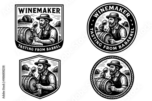 Vintage engraved emblem depicting a winemaker tasting wine from a barrel in a classic design representing craftsmanship and tradition