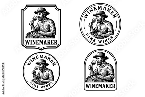 Vintage winemaker emblem collection featuring engraved illustrations of a skilled artisan enjoying fine wines