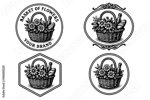 Vintage logo collection featuring engraved floral basket emblems for a charming design aesthetic