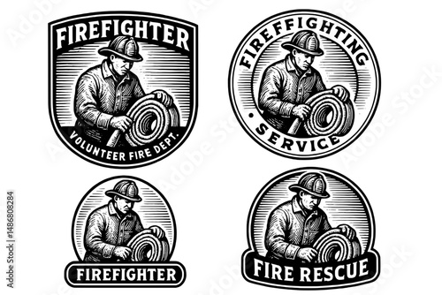 Vintage firefighter emblem collection showcasing engraved illustrations of a firefighter in action during heroic service efforts