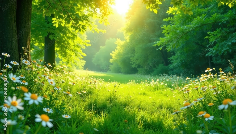 Fototapeta premium Lush green meadow with wildflowers, vibrant spring foliage , vegetation, plant