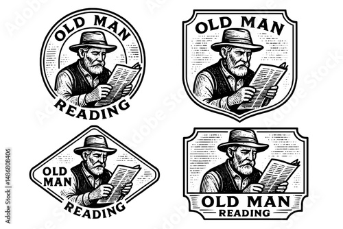 Vintage emblem featuring an old man engaged in reading, showcasing intricate engraved illustrations from classic design collections