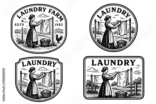 Vintage logo design featuring a woman hanging laundry in an outdoor farm setting for a charming collection