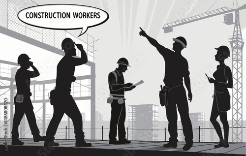 Silhouetted construction workers collaborating on a site.