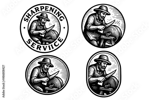 Engraved vintage logo collection featuring a craftsman sharpening tools with a whetstone for service advertising