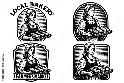 Vintage bakery logo design featuring a woman with a tray of freshly baked goods showcasing craftsmanship and tradition