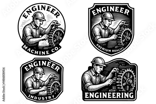 Vintage engraved illustrations of engineers working with machinery and gears in a classic style showcasing craftsmanship and dedication