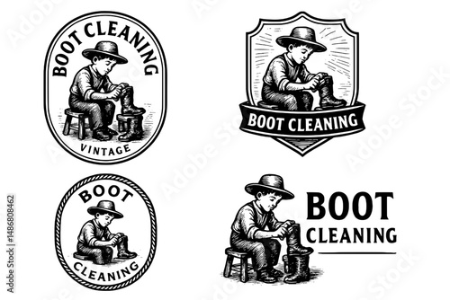 Vintage collection of boot cleaning emblems featuring a young boy engaged in maintaining footwear artistry