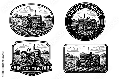 Creative vintage tractor logos reflecting classic engraving style and timeless design elements for unique branding